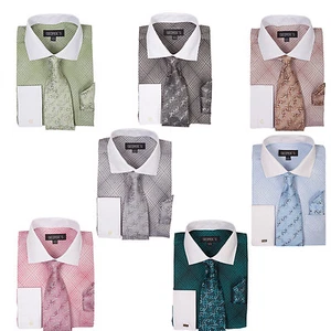 Men's Check Shirt With Tie and Hanky, 60%Cotton 40%Poly Two Tone Color AH 624 - Picture 1 of 9