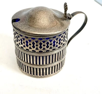 Antigua maceta de mostaza Webster de plata esterlina forro de vidrio azul cobalto Foto 1 de 4