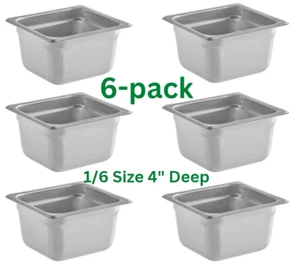 (6er-Pack) 1/6 Größe Edelstahl Dampf Tisch Hotel Lebensmittel Einsatz Pfanne 4" Tief NSF - Bild 1 von 3