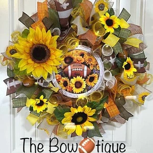 Handmade Football & Sunflower Ribbon Welcome Door Wreath Leaf 22 in LED Fall W3 - Picture 1 of 10