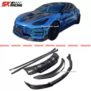 Fits Tesla Model 3 17-23 Carbon Fiber Front Rear Lip Bumper Side Skirts Bodykits - Picture 1 of 23