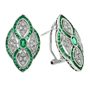 14K White Gold Emerald and Diamond Art Deco Style Floral Omega Earrings - Picture 1 of 12