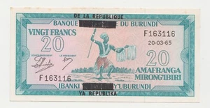 BURUNDI: Over Print - 20 Francs Banknote - 1965 - RARE - Picture 1 of 2