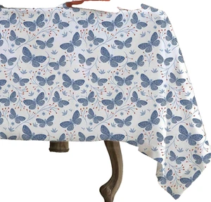Printed Fabric Tablecloth (60"x84") Oblong, FLUTTER OF BLUE BUTTERFLIES, CCL - Picture 1 of 24