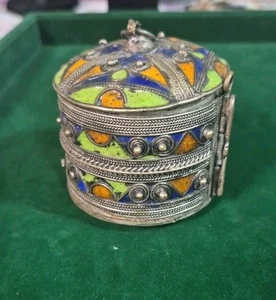 Vintage Berber Bracelet Silver Toned Jewlery Box Orange, Blue, & Green Enamel - Picture 1 of 9