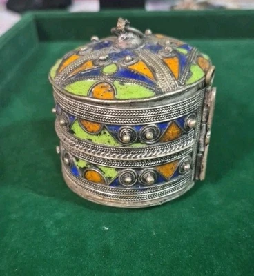 Vintage Berber Bracelet Silver Toned Jewlery Box Orange, Blue, & Green Enamel  - Image 1 of 4