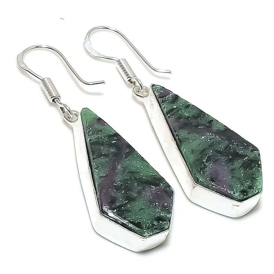 Natural Ruby Zoisite Gemstone 925 Sterling Silver Jewelry Earring Size 1.8" - Image 1 of 1