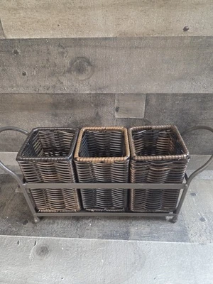 Rattan/Metal 3 Basket Divider.  Make-up Brush Holder, Decor - Image 1 of 4