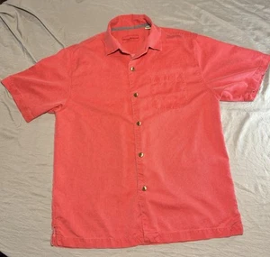 Tommy Bahama Shirt Mens M Salmon Pink Hawaiian Button Up Island Zone 100% Silk - Picture 1 of 6