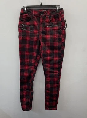 NWT HT Denim Red Black Plaid Super Skinny Hi-Rise Zipper Pants Womens Size 3 - Image 1 of 4