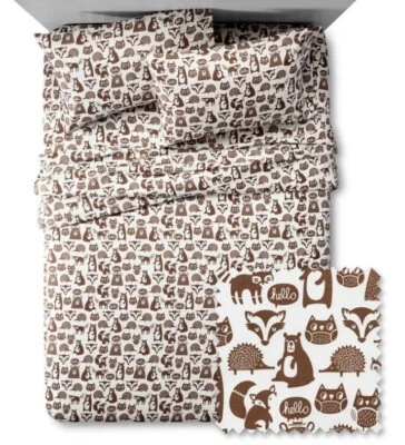Conjunto de lençóis PILLOWFORT animais da floresta microfibra marrom 3 peças coruja gêmea urso raposa - Imagem 1 de 4