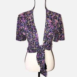 Moda International Size Medium Open Cardigan Shirt Sleeve Black Purple Floral
