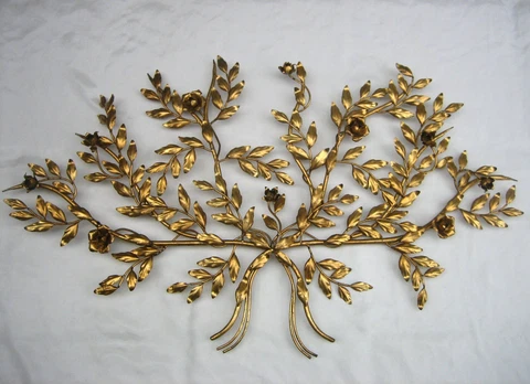 Vintage MCM Italian Toleware Gold Gilt Roses Large Wall Sconce Hollywood Regency Cover