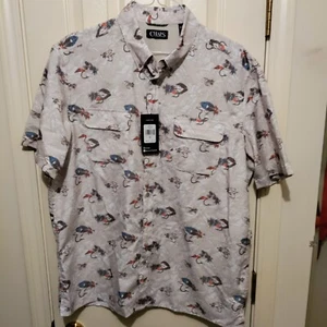 NWT Chaps XL Mens Fishing Shirt S/S Beige Breathable All Over Lure Print - Picture 1 of 5