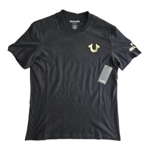 True Religion Black T-Shirt Logo Crew Lucky Horseshoe Buddha Graphic in Gold NWT - Picture 1 of 9