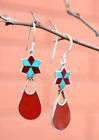 Flower Drop Inlaid Turquoise and Coral Dangle Silver Earrings