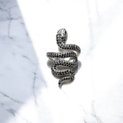 Sterling Silver Black CZ Snake Ring Gothic Serpent Wrap Adjustable Jewelry Gift - Image 1 of 4