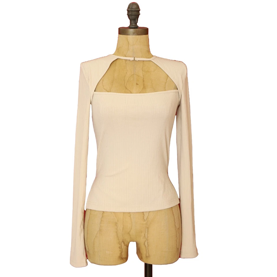 4-й + Reckless Myla вырез Топ S длинным рукавом квадратный шеи ребристый крем новый B92 - Изображение 1 из 4