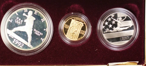 1992-W & S Gold $5 Silver $1 50 Cents Olympic Commem 3 Coin Proof Set in OGP Cover