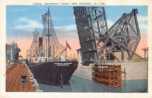 Postal LA: esclusas, canal industrial, Nueva Orleans, Louisiana, lino vintage - Imagen 1 de 2