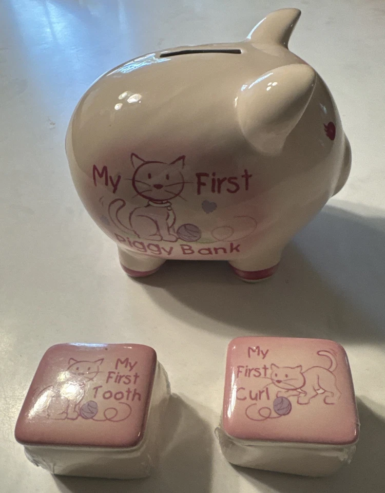 Lote Primera Hucha Bebés, Primera Caja de Dientes, Primera Caja de Rizos, Gatito Gatos Rosa Foto 1 de 4