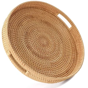 11.8" Hand-Woven Round Rattan Serving Tray Decorative Wicker Trays with Handl... - Picture 1 of 5