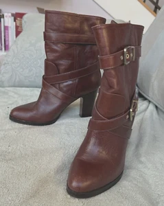 Pour la Victoire Roslin Brown Leather Buckle Bootie 4" Heel 11.5" High Sz 10 - Picture 1 of 7