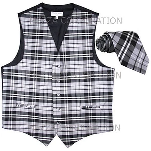 New Vesuvio Napoli Men's plaid checkered Tuxedo Vest Waistcoat_Necktie Gray prom - Picture 1 of 4