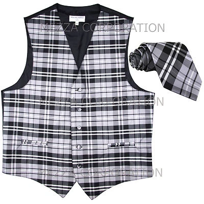 New Vesuvio Napoli Men's plaid checkered Tuxedo Vest Waistcoat_Necktie Gray prom - Image 1 of 4
