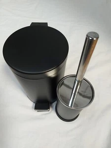 MATT DARK BLACK METAL BATHROOM SMALL 3 LITRE PEDAL BIN & TOILET BRUSH HOLDER SET - Picture 1 of 3