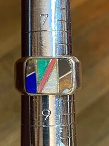 Vintage 925 Sterling Silber Lapiz Onyx Opal Koralle Southwestern Größe 8 - Bild 1 von 5