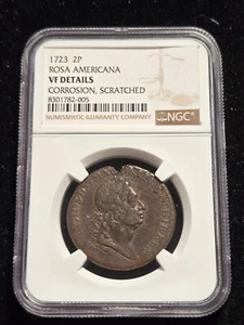 1723 Rosa Americana 2 Pence NGC VF Details, Corrosion and Scratched (Z-0820) - Picture 1 of 4