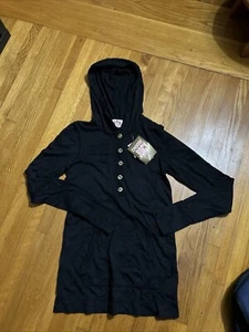 Juicy Couture Black Henley Hooded Pullover Size Small Hoodie Gold Letters Pocket - Picture 1 of 6