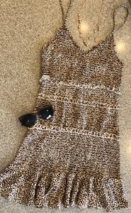 OLIVACEOUS ~ New! Animal Print Smocked Ruffled Spaghetti Strap Mini Dress NWT L - Picture 1 of 9