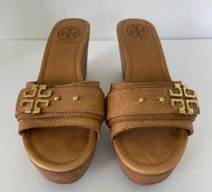 Tory Burch Elina Platform Wedge Sandals Slide Brown Leather Women's Size 6 M - Picture 1 of 17