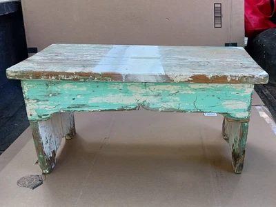 Старинный примитивный старый красочный табурет 24x12x12 синий белый из тяжелого дерева - Изображение 1 из 4