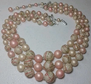 Vtg Japan Candy Stripe Sugar Beads Pink Blush Matte Pearl Collar Bib Necklace - Picture 1 of 5
