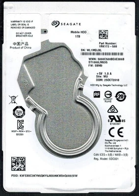 ST1000LM035 P/N: 1RK172-568 F/W: SBM3 S/N: WL1M WU 1TB OCT 2018 CHINA SEAGATE - Image 1 of 2