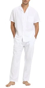 Linen Shirt Pants Outfits:Men's Linen Sets 2 Piece Short Sleeve Shirts Yoga P... - Picture 1 of 6