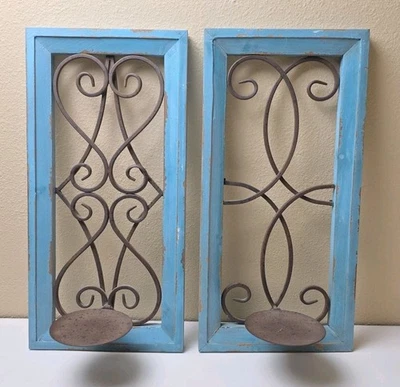 Wooden Wall Sconce Candle Holder Metal Scroll Pattern Blue Turquoise Set Of 2 - Image 1 of 4