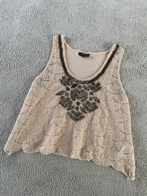 Ladies Topshop Beige Sleeveless Cropped Top Rhinestone Detail Lace Front Size 8 - Image 1 of 4