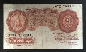 Banknote Of England Ten Shillings. PS. Beale. J07Z. Circulated Condition. - Picture 1 of 2
