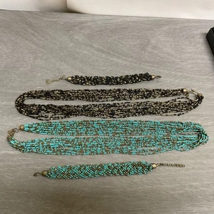 2 Glass Seed Bead Necklace + Bracelet Set Of 4 Turquoise And Black - Picture 1 of 11