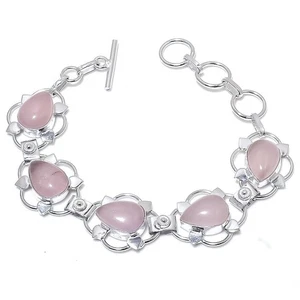 Pulsera Joyería Plata de Ley 925 Piedras Preciosas Cuarzo Rosa Talla 7-8" - Imagen 1 de 1