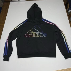 Adidas Girls Hoodie Black Rainbow Logo Pullover Youth Size 14 Large - Picture 1 of 9