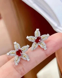 2.20Ct Oval Cut Simulated Red Ruby Pretty Stud Earrings 14k Two Tone Gold Plated - Picture 1 of 6