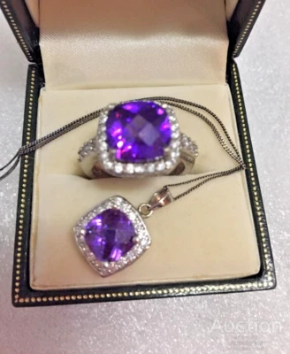 LUJO Juego Ucraniano Plata 925 Amatista - Collar y Anillo - Talla 17 (US 6.5 Foto 1 de 4