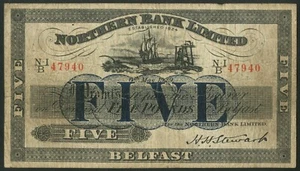 Northern Ireland, Northern Bank Ltd., £5, 6 May 1929, H. H. Stewart, AF - Picture 1 of 2