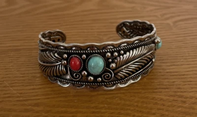 Faux Turquoise Silver Tone Metal Feather Cuff Bracelet South Western Style - Image 1 of 4