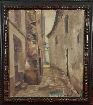 J. VILAR DEBON. RUE DU VILLAGE. HUILE SUR CARTON. ÉCOLE CATALAN. XXE SIÈCLE. - Photo 1/3